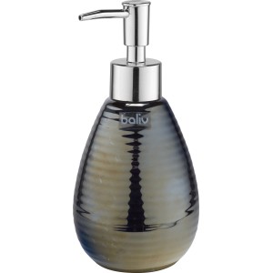 Schwarzer baliv Seifenspender Tropfen aus Keramik mit silbernem Pumpkopf.