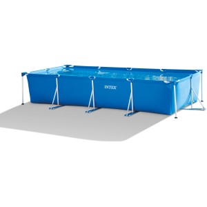 Rechteckiger Intex Frame Pool Family, 450x220x84 cm, mit blauem Becken und weißem Stahlrahmen.