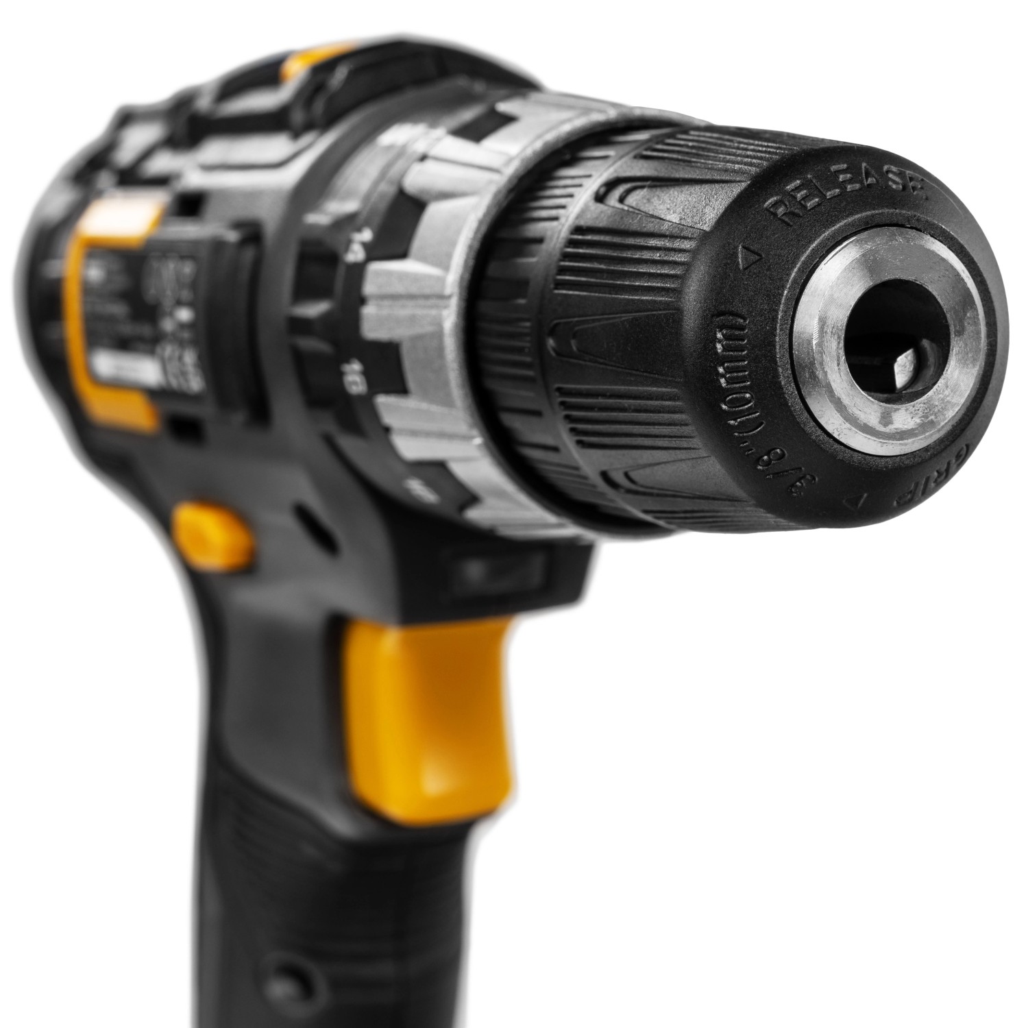 Texas 20V Akku-Schlagbohrmaschine IDX2000, Nahaufnahme des Bohrfutters. Akkuschrauber für Heimwerker.