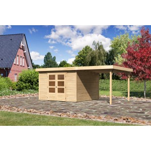Karibu Holz-Gartenhaus Boras mit Flachdach und Anbau, unbehandelt, im Garten.