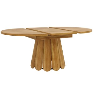 Ausziehbarer Esstisch aus braunem Holz mit ovaler Platte und blütenblattförmigem Säulenfuß, für 6 Personen.