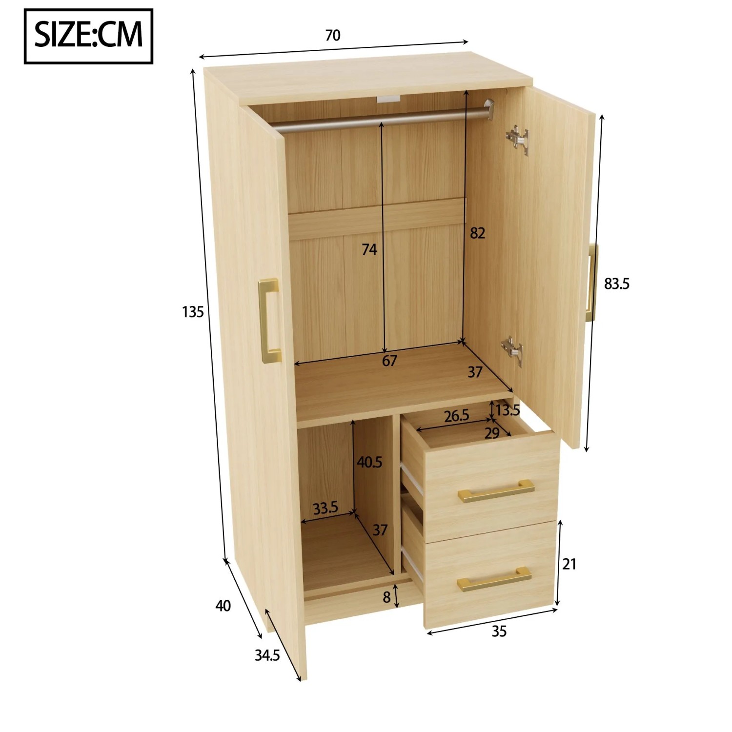 okwish Kleiderschrank mit Doppeltür Schubladen Staufächer Kinder 70x135x40cm Natur_5