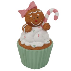Dekorative Weihnachtsfigur: Cupcake mit Lebkuchenmädchen in Braun-Bunt für festliche Gartendeko.