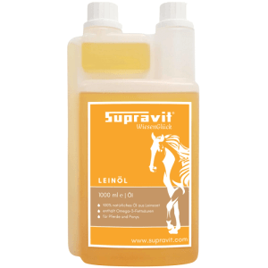 Supravit Leinöl Liquid für Pferde, 1000ml Dosierflasche. Orangefarbenes Etikett mit Pferdemotiv, enthält Omega-3.