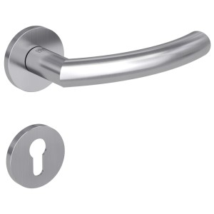 Moderne Rosettengarnitur Jupiter PZ aus mattem Edelstahl. Türdrücker und Profilzylinder-Rosette für Innentüren.