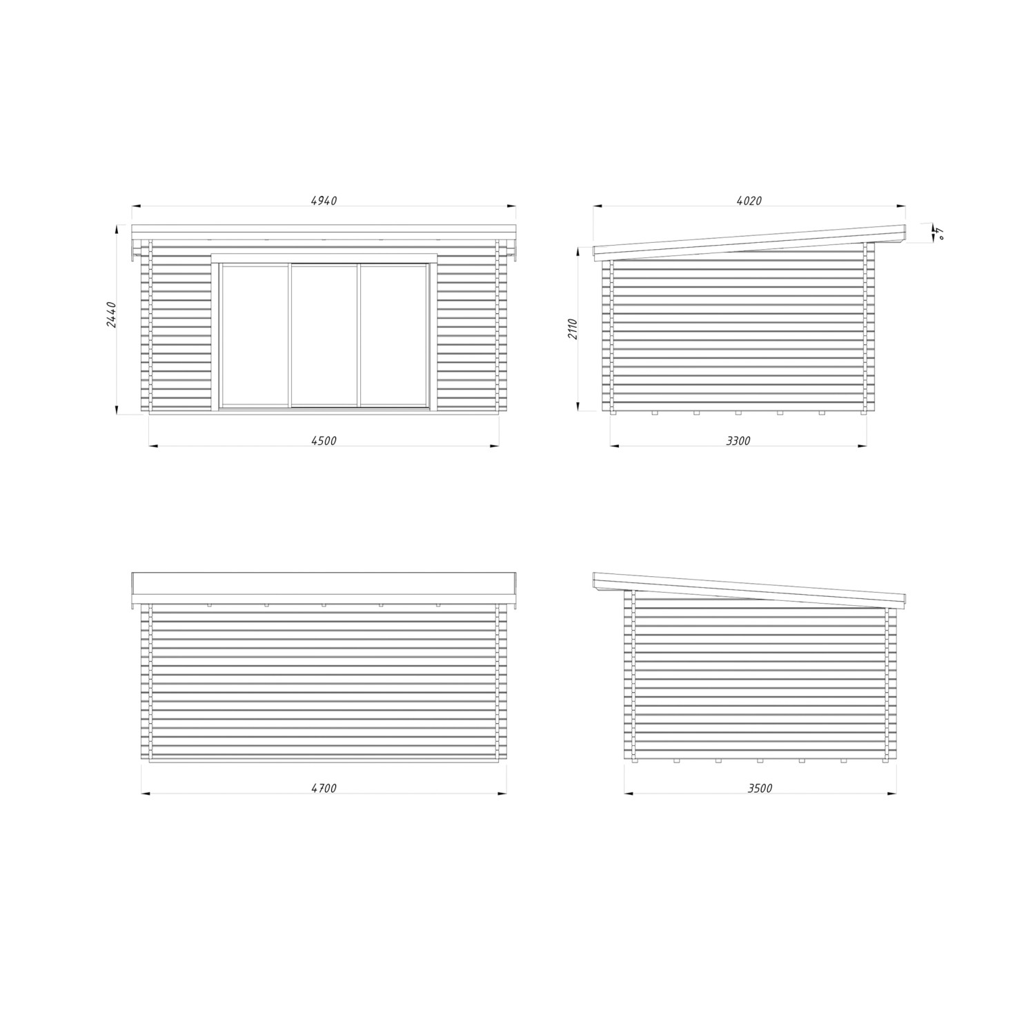 Technische Zeichnung Palmako Gartenhaus Lea Slide, braun, 450x330 cm, Holz-Gartenhaus mit Schiebetüren.