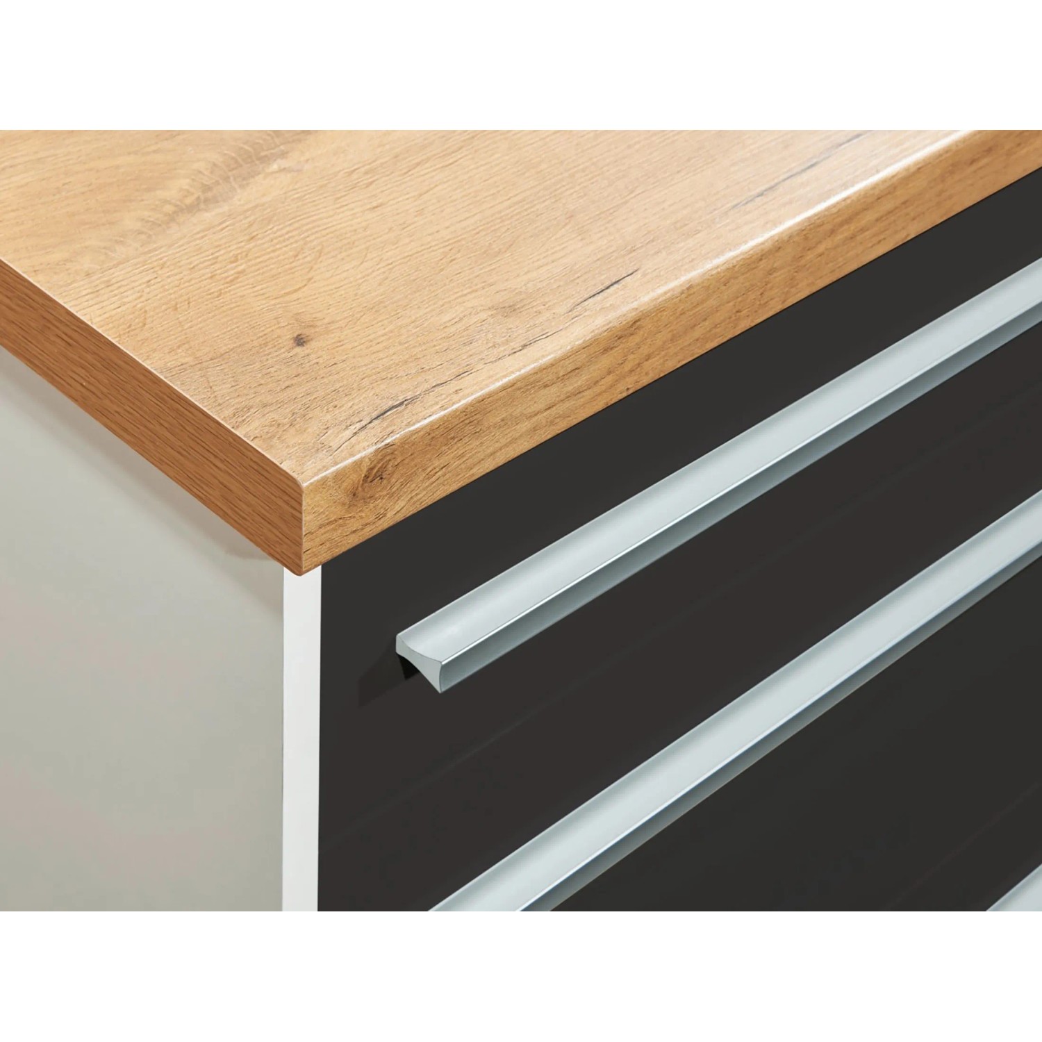 Detailansicht: Respekta Kücheninsel Gabriel, 150 cm, Grau Hochglanz, mit Holz-Arbeitsplatte.