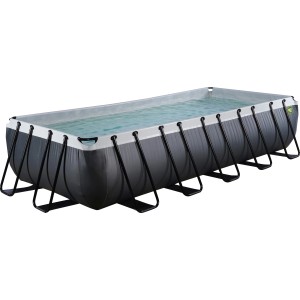 Rechteckiger Exit Black Leather Pool 540x250x100 cm mit schwarzem Lederprint und Stahlrahmen.