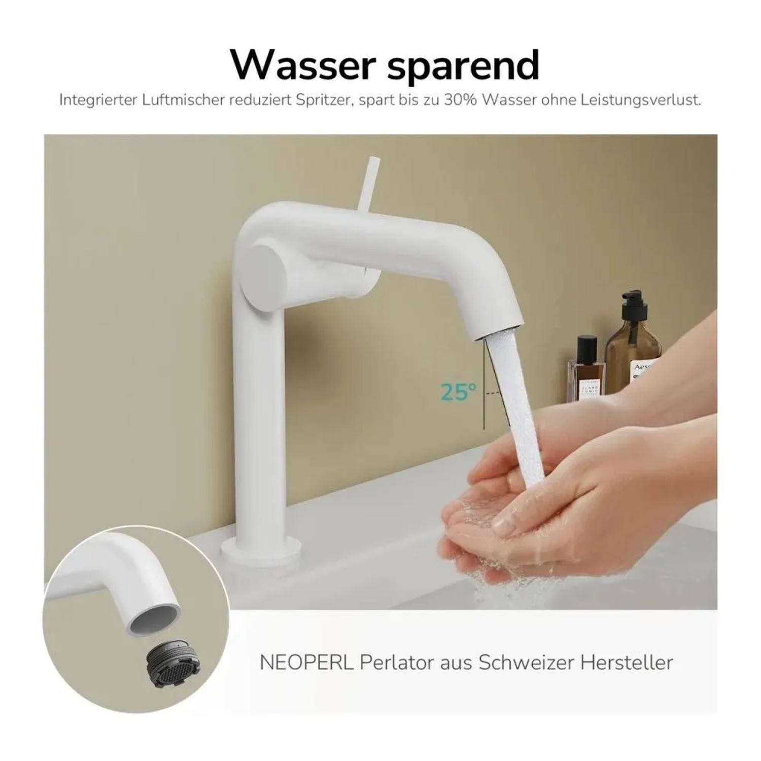 Moderne weiße Emke Waschtischarmatur, Wasser läuft in Hände. Integrierter Neoperl Perlator für effizienten Wasserfluss.