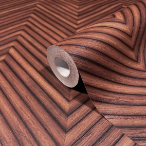 Rote Marburg Vliestapete mit modernem Fischgrätmuster in Holzoptik, Rolle angeschnitten.