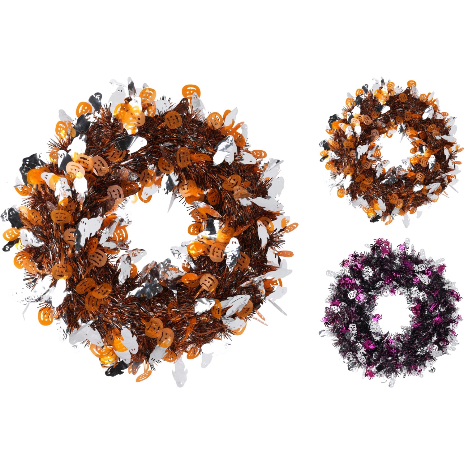 Glitzernder Halloween-Kranz (38cm) in Orange/Silber und Lila/Silber mit Kürbissen und Geistern.
