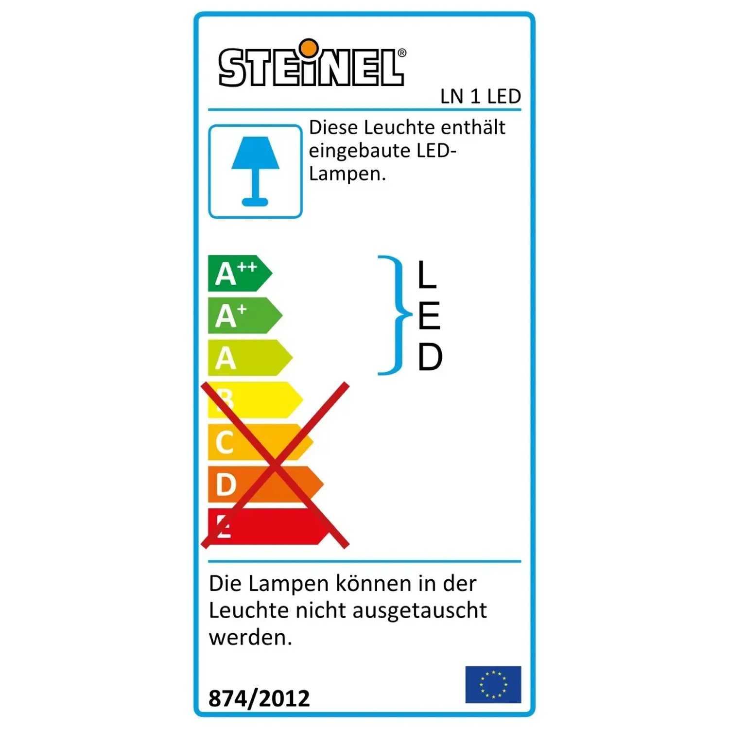 Energielabel der Steinel LED-Außenwand-Hausnummernleuchte L 1 N mit Energieeffizienzklasse A.