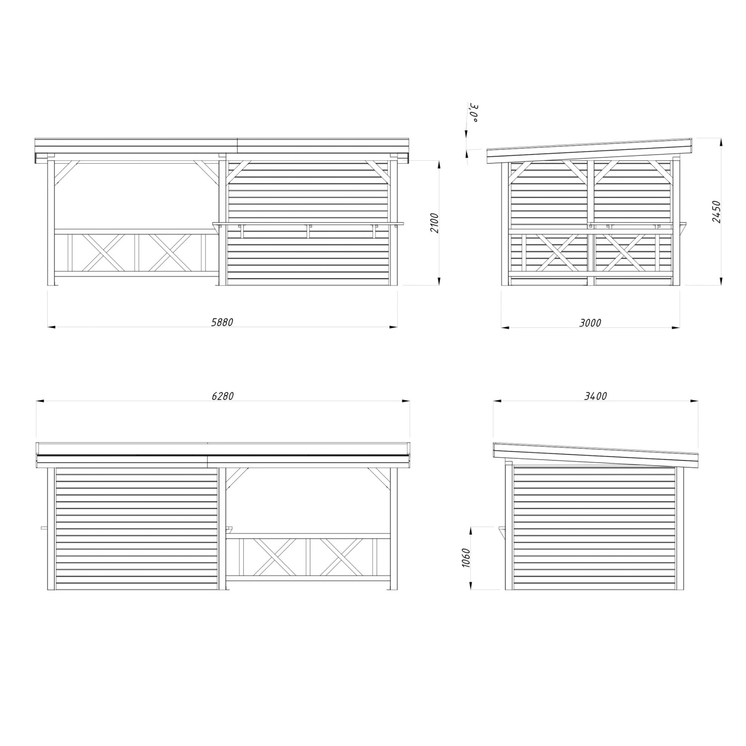 Technische Zeichnung des naturbelassenen Palmako Pavillon Lenna Set 310 aus Holz, mit Maßen.