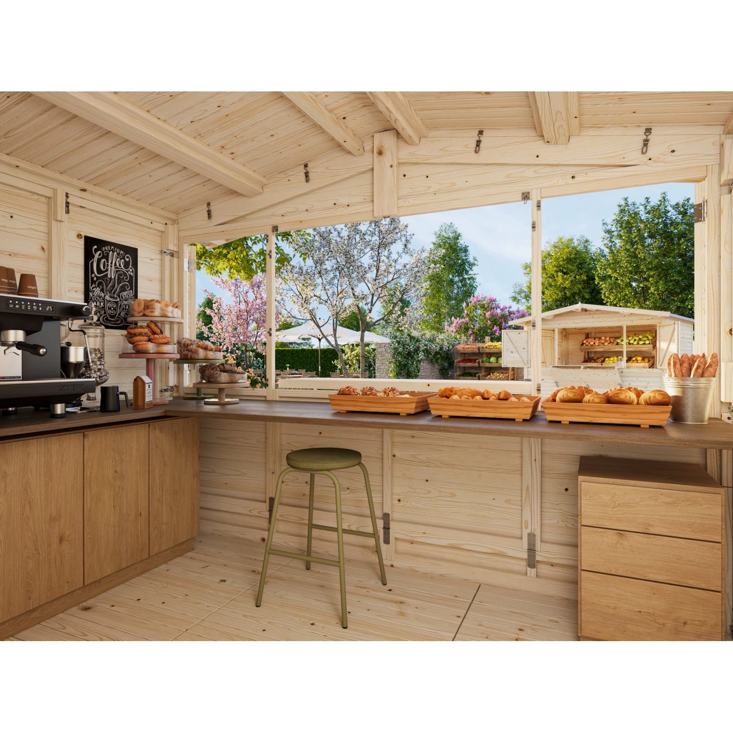 Innenansicht: Palmako Marktstand Marian, klappbar, mit Tresen, Backwaren und Kaffeemaschine.