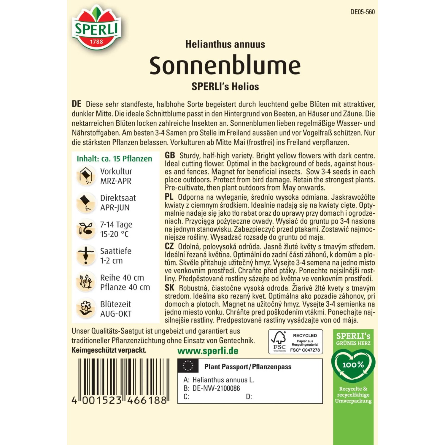 Samenpackung Sperli Sonnenblume Helios: Halbhohe Sonnenblume mit gelben Blüten und dunkler Mitte.