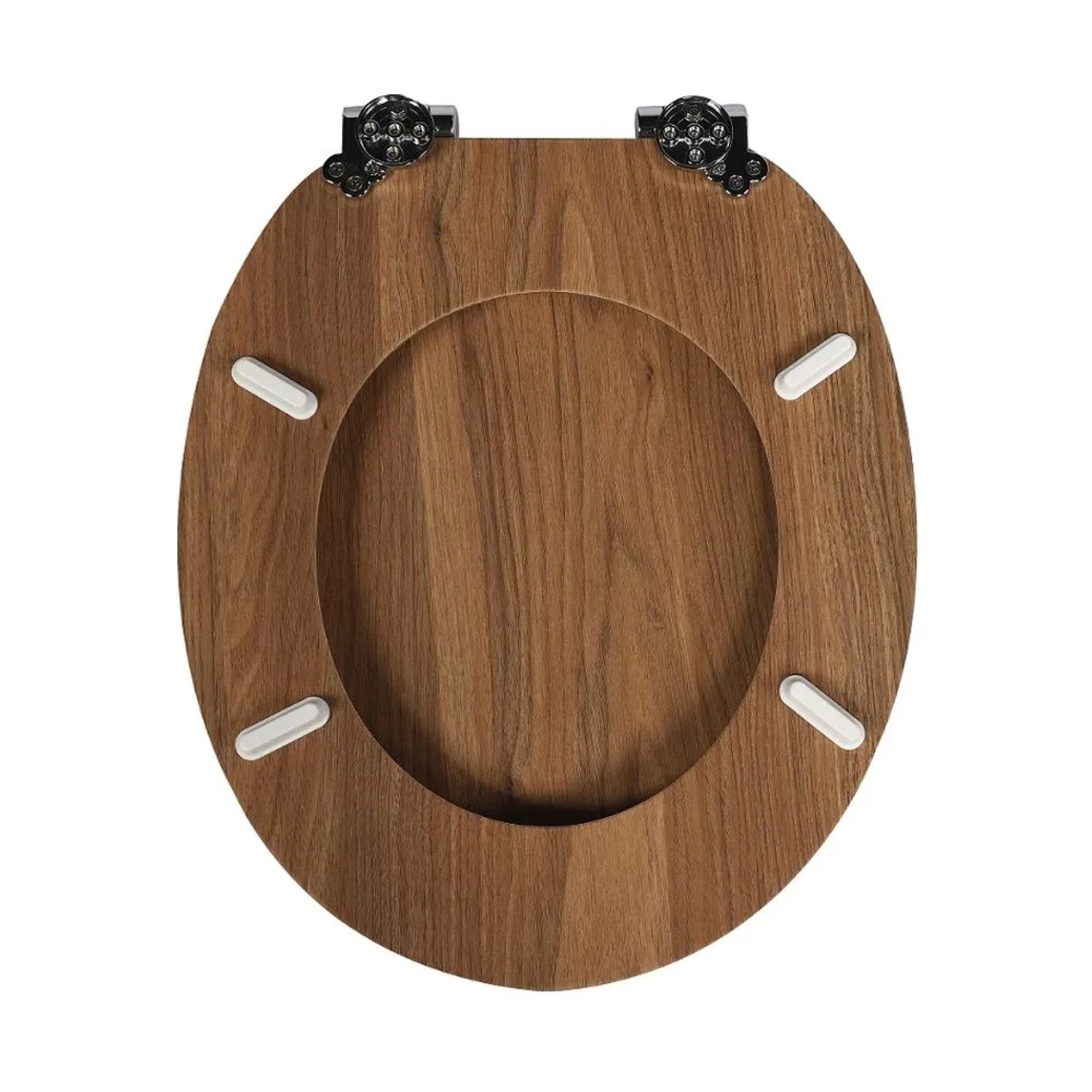 Brauner WC-Sitz in Holzmaserung mit Absenkautomatik und dunklen Metallscharnieren.