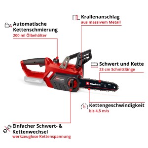 Einhell Akku-Kettensäge GE-LC 18/25 Li Solo: Rote Kettensäge mit Schwert und Kette. Mitglied der Power X-Change Familie.