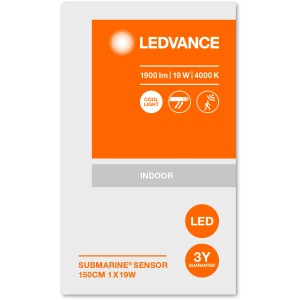 Verpackung der Ledvance LED-Feuchtraumleuchte Submarine 150cm mit Bewegungsmelder. Produktdetails und Logos sind sichtbar.