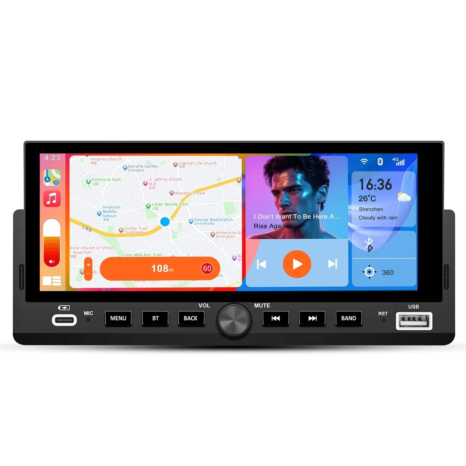 Junsun 6.9 Zoll 1 DIN Autoradio mit Touchscreen, CarPlay, Android Auto, Navigation, Musik und Bluetooth.