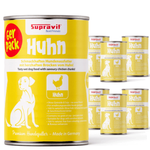 Supravit Hundenassfutter Huhn, 6er Pack. Gelbe Dosen mit Hundesilhouette und Hühner-Symbol.
