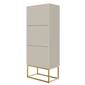 Selsey Veldio Schuhschrank in Greige mit Rillenfronten und goldfarbenem Gestell. Moderner Schuhschrank mit 3 Klappfächern, 50 cm breit.