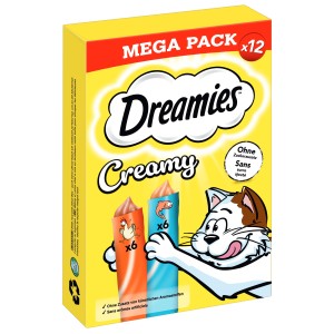 Dreamies Creamy Katzenleckerli mit Huhn & Lachs, 120g Packung.