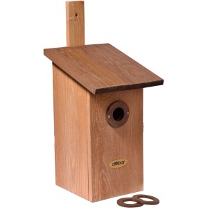 Brauner Dobar Beobachtungsnistkasten mit drei Lochgrößen für verschiedene Vogelarten.