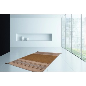 Brauner Wollteppich Morena 445, 200x290 cm, handgewebt mit Ethno-Muster. Flachflor Teppich im Antik-Look.