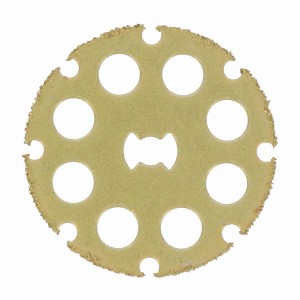 Dremel EZ SpeedClic Trennscheibe für Holz, gelbe Scheibe mit Aussparungen.