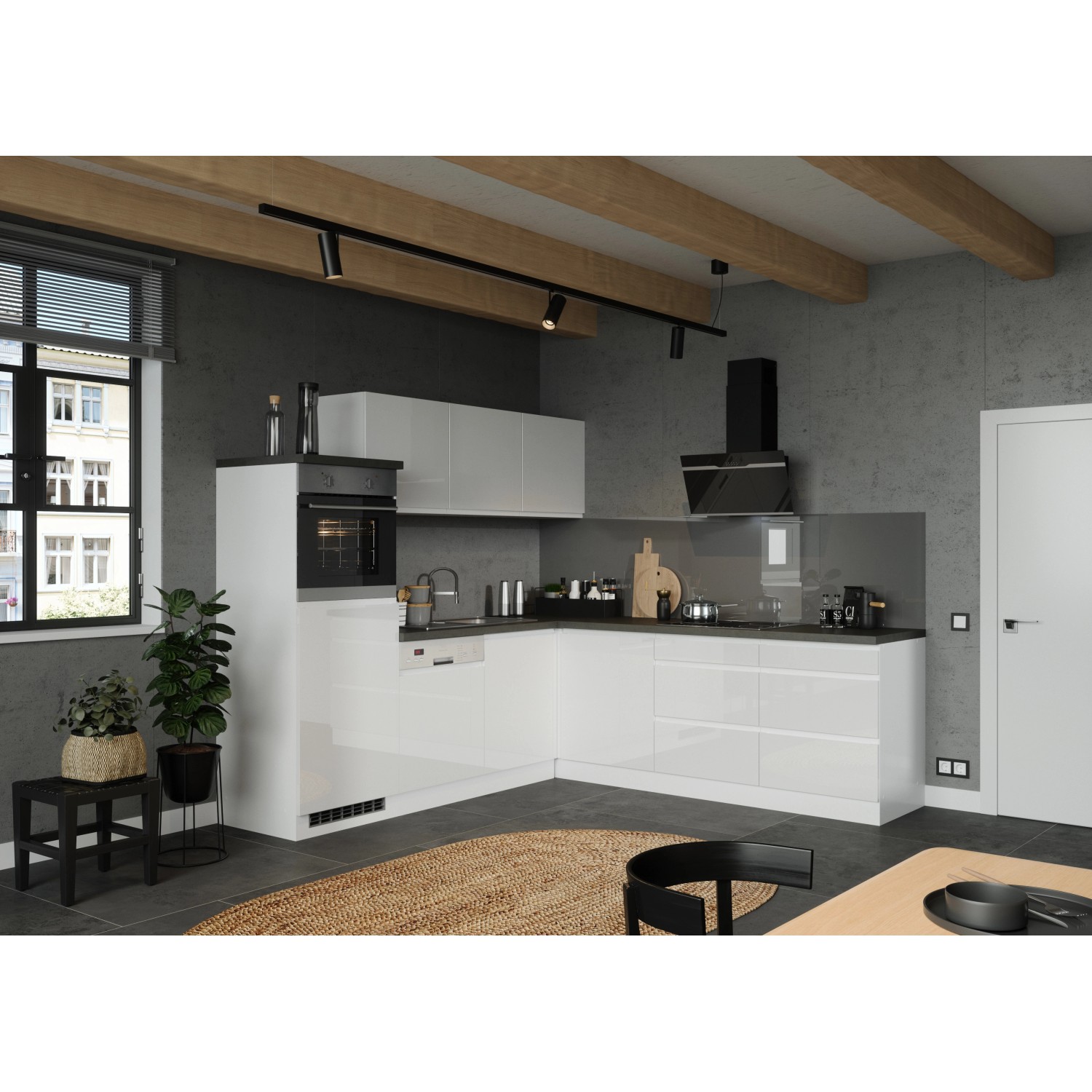 Weiße Held Winkelküche Gera, 240 cm, ohne E-Geräte, mit Beton-Arbeitsplatte.