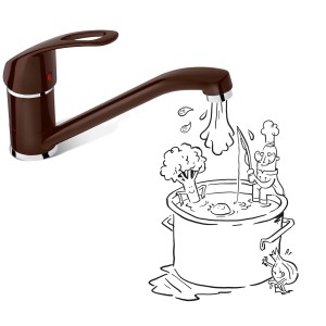 baliv Küchenarmatur KI-1187 Mocca mit schwenkbarem Auslauf und Cartoon-Gemüse im Kochtopf.