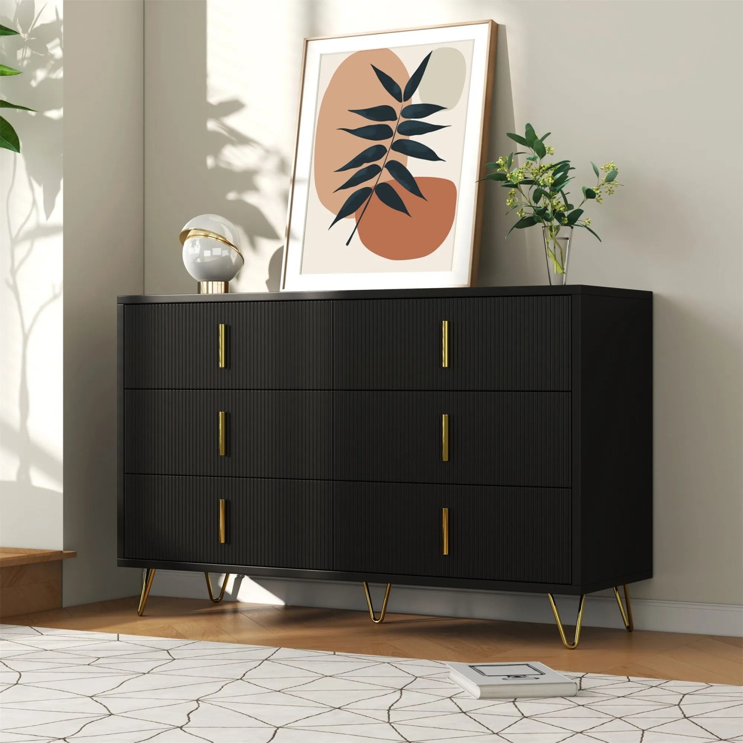 okwish Sideboard mit Goldgriffen Stauraum Wohnzimmer 120x40x77cm Schwarz_2