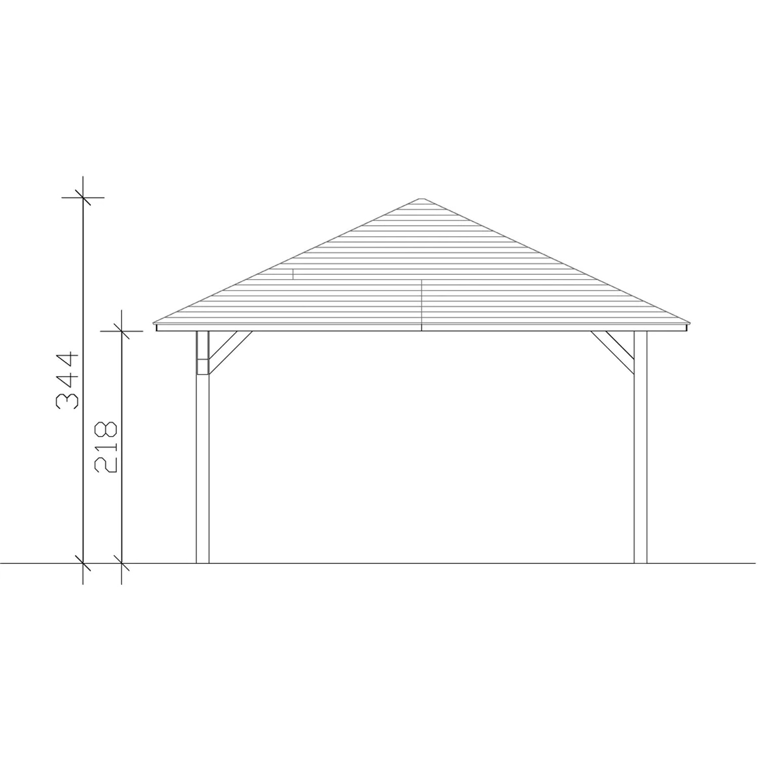 Technische Zeichnung: Skan Holz Pavillon Cannes 4, Holz-Pavillon mit Maßangaben zu Höhe und Pfosten.