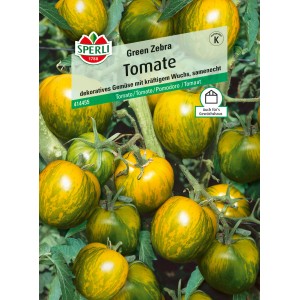 Sperli Tomaten Green Zebra Samen: Reife, grün-gelb gestreifte Tomaten am Strauch.