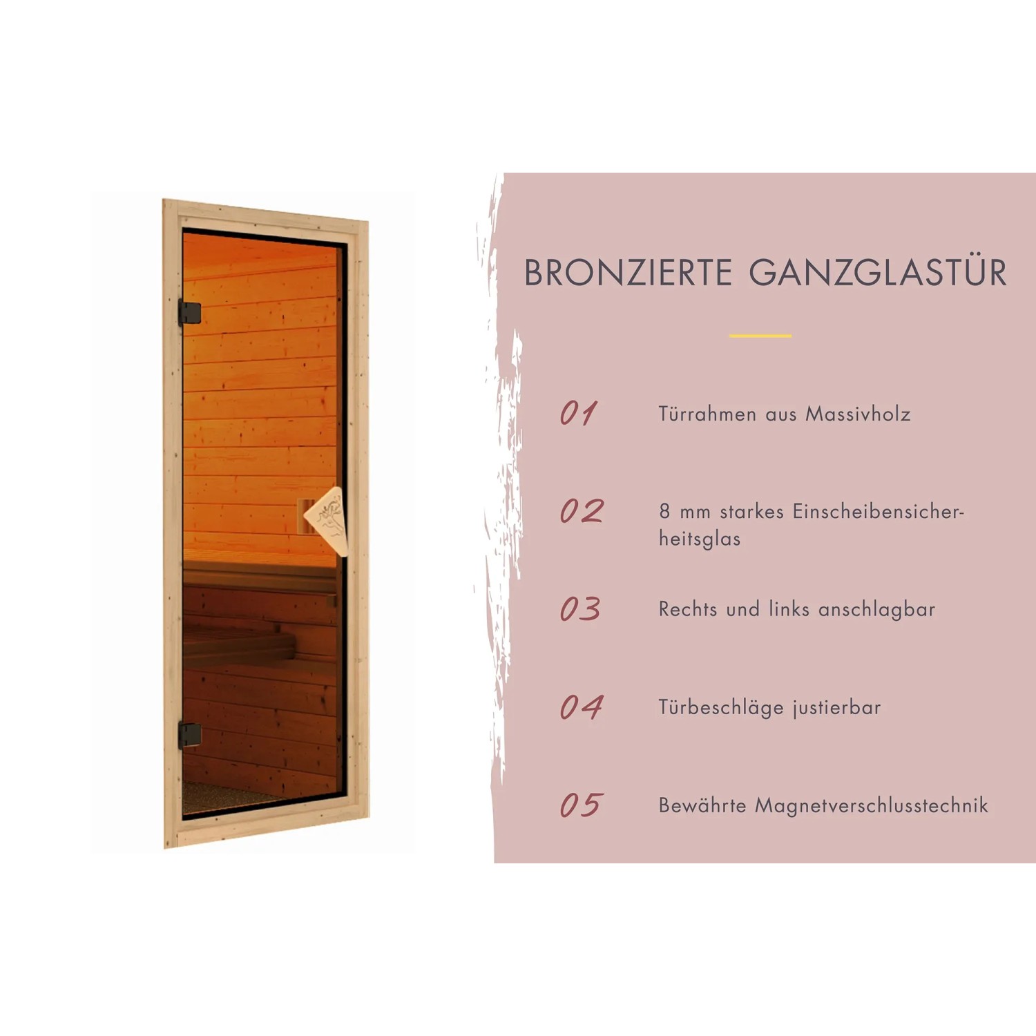 Karibu Sauna Anina 2: Detailaufnahme der bronzierten Glastür mit Holzrahmen. Massivholzsauna Zubehör.