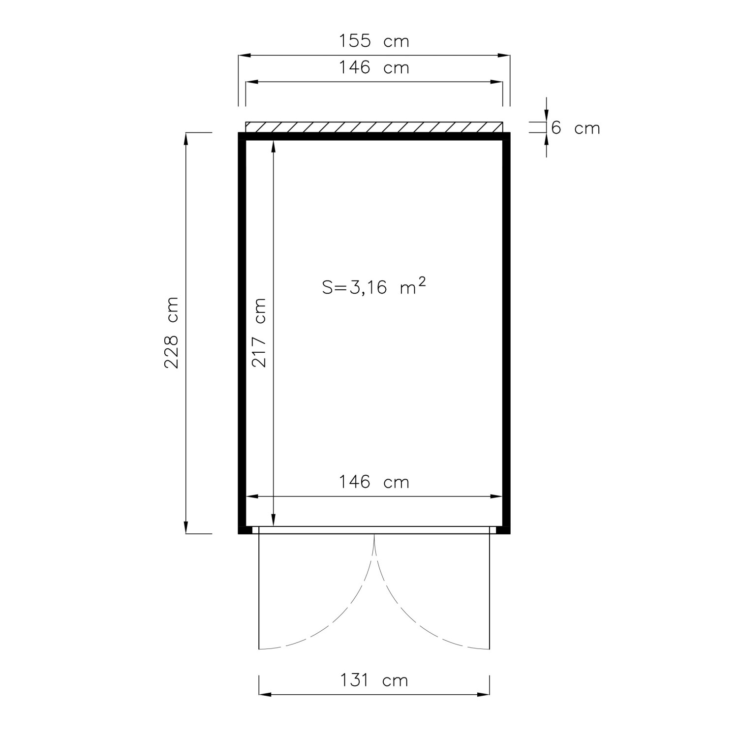 Grundriss Bertilo Gartenhaus HPL Bike Port 155x229cm, Maße und Fläche.