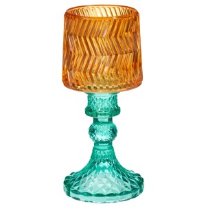 Teelichthalter aus Glas, orangefarbener Aufsatz, türkisfarbener Fuß, 17,5 cm hoch.