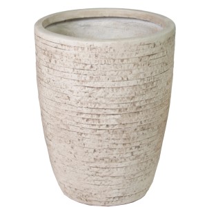 Hoher, beiger M Collections Pflanztopf Egg Pot Desert, Ø 42 cm, aus Fibreclay mit horizontaler Struktur.
