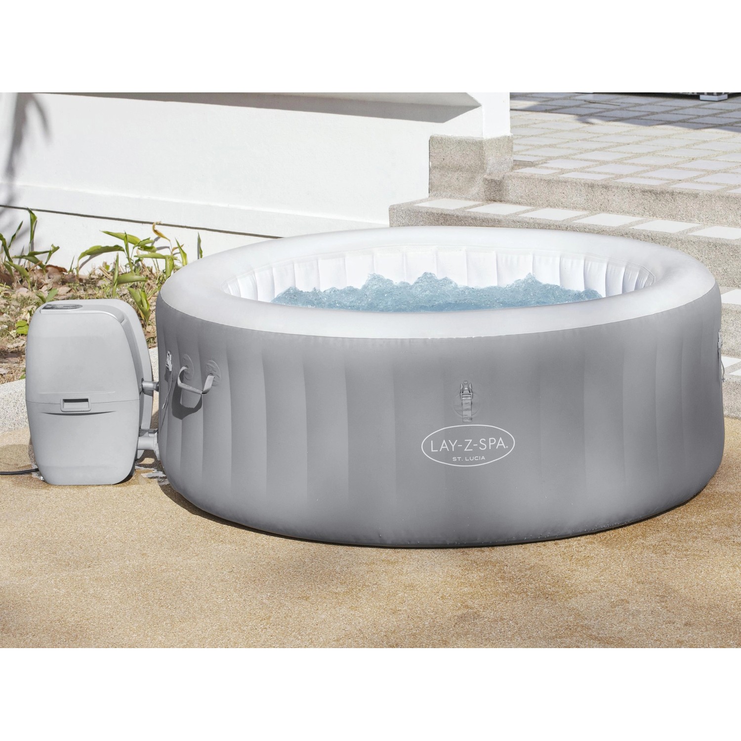 Bestway Lay-Z-Spa St. Lucia AirJet aufblasbarer Whirlpool, Ø 170 cm, silbergrau, mit Pumpe.