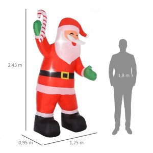 HOMCOM aufblasbarer Weihnachtsmann aus rotem Polyester mit Zuckerstange, 243 cm hoch, beleuchtet. Weihnachtsdeko.