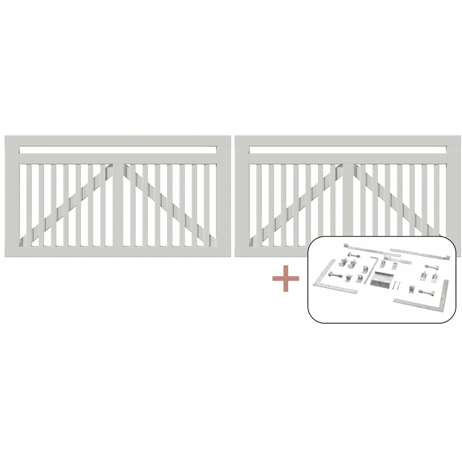 Weißes Doppeltor aus Nadelholz (300x80cm) mit Beschlägen für Gartenzaun.