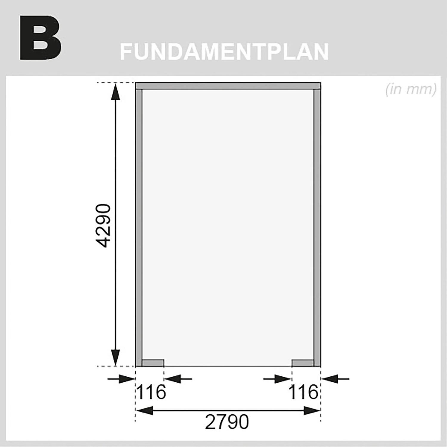 Fundamentplan der Karibu Blockbohlengarage 28 mm mit Maßangaben.
