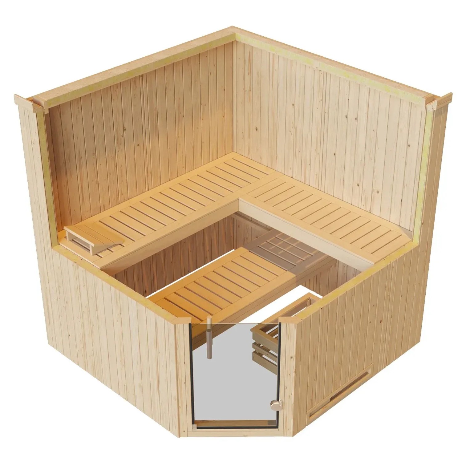 Weka Element-Ecksauna Varberg mit Glastür, ohne Ofen. Holzsauna mit Liegen und Eckeinstieg.