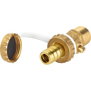 Messing KFE-Hahn mit Klappe, 21 mm, für Heizungsanlagen. Mit Schlauchtülle und Kappe.