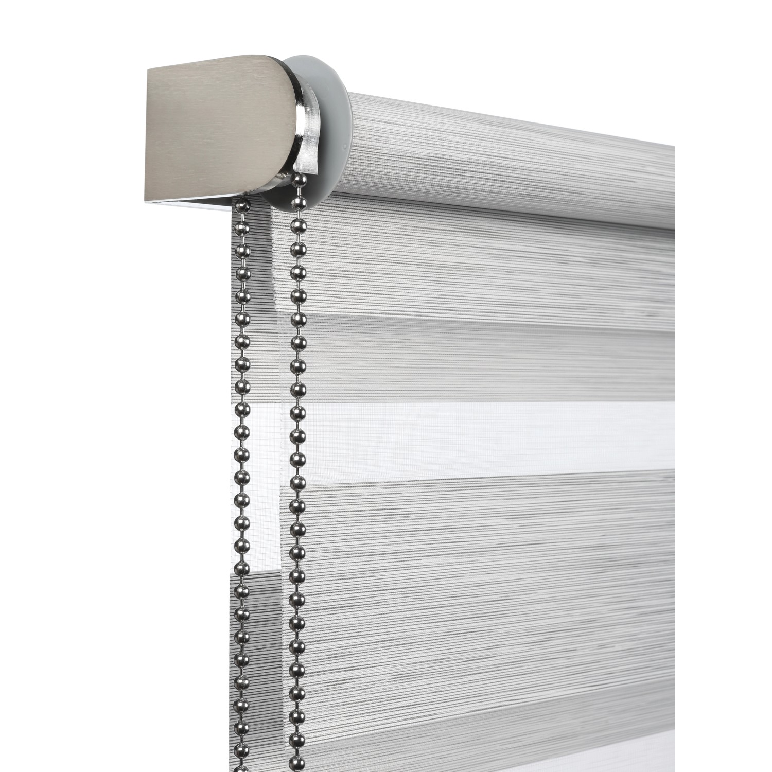 Graues Gardinia Doppelrollo de Luxe, 50x180 cm, mit Kettenzug und silbernen Metallkomponenten.