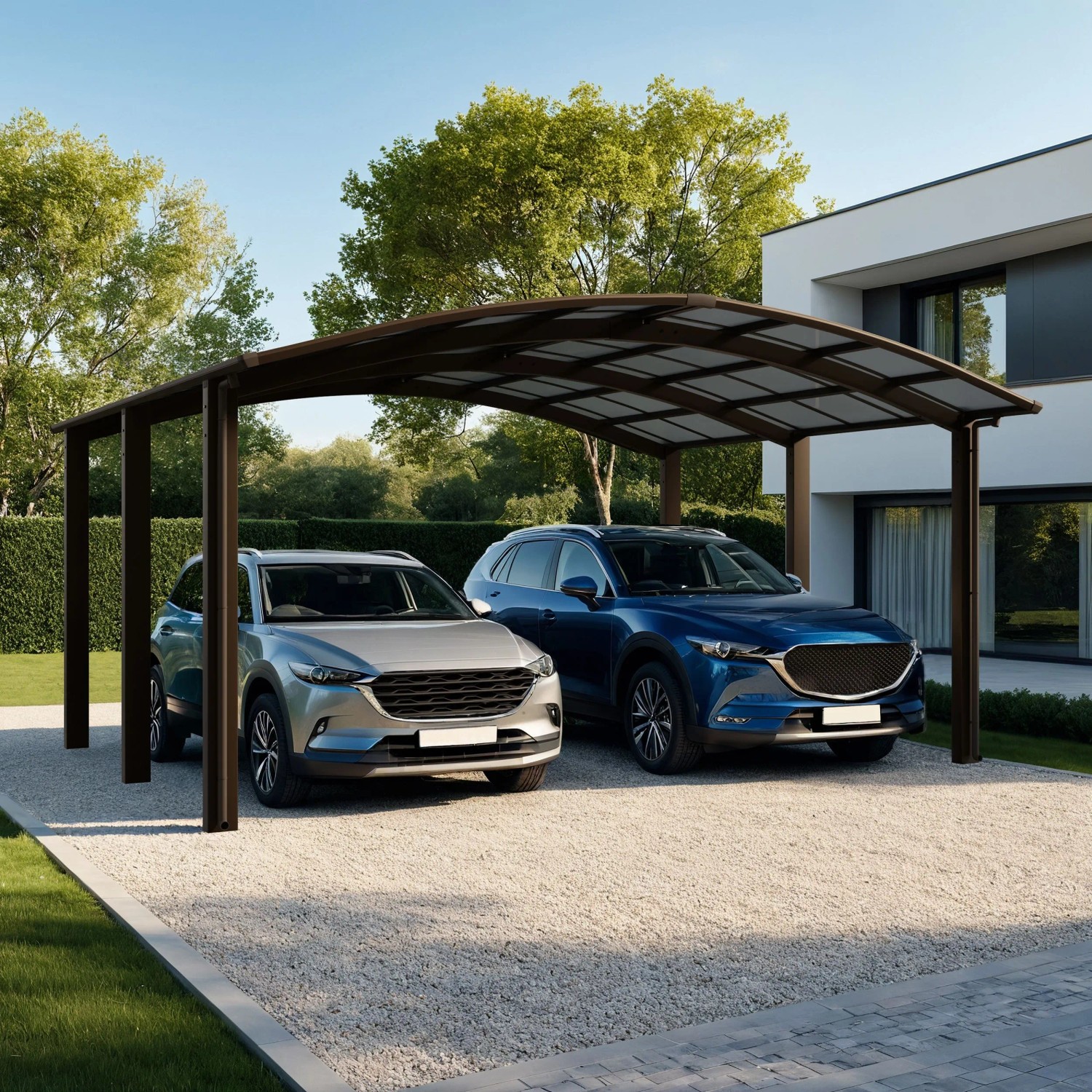 Mattbraunes Ximax Doppelcarport Portoforte-110 M mit zwei parkenden Autos.