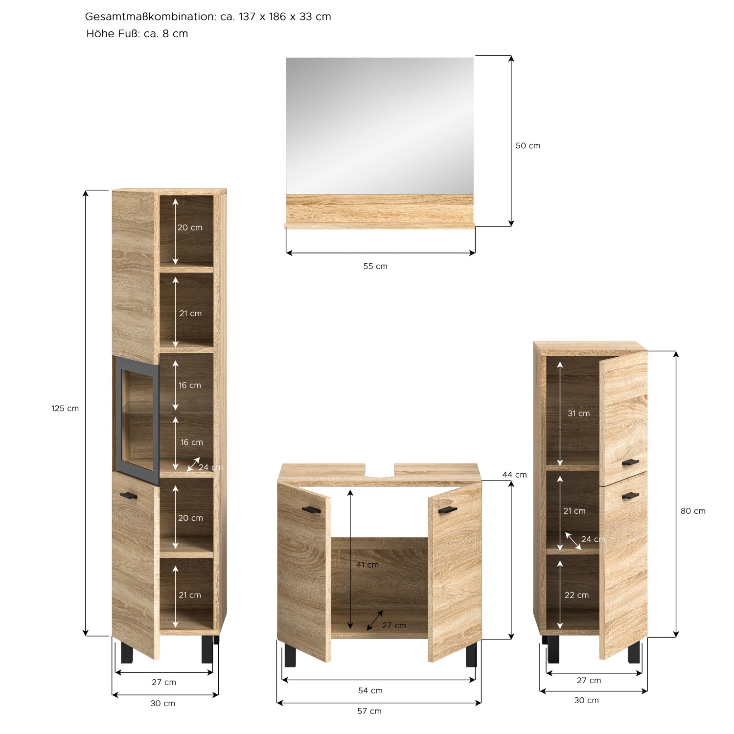 Badkombination Sonoma Eiche, 137x186x33cm, mit Waschbeckenunterschrank, Spiegel und zwei Badschränken.