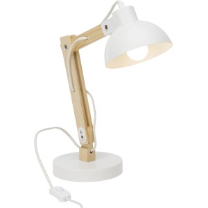 Weiße Brilliant Tischlampe Moda mit Holzdetails, verstellbar, E27 Fassung, ideal als Schreibtischlampe.