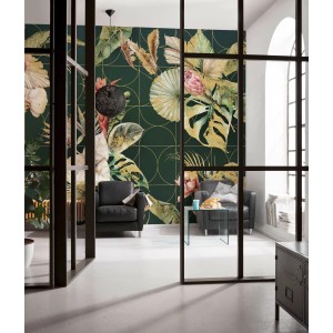 Komar Fototapete Golden Growth mit floralem Muster in Gold und Grün im Wohnraum.