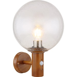 Globo Außenleuchte Ossy mit Bewegungsmelder, Holzoptik und klarem Glas.
